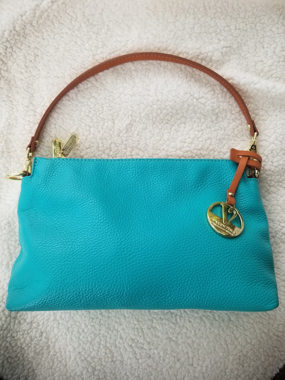 VALENTINA Teal Leather Purse with Detachable Strap and Gold Accents
